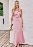 Sheath/Column One-Shoulder Sleeveless Ankle-Length Stretch Satin Bridesmaid Dresses with Pleated Averie STKP0025220