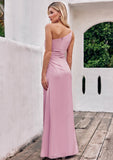 Sheath/Column One-Shoulder Sleeveless Floor-Length Stretch Satin Bridesmaid Dresses with Pleated Jimena STKP0025221