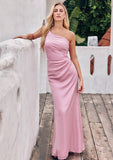 Sheath/Column One-Shoulder Sleeveless Floor-Length Stretch Satin Bridesmaid Dresses with Pleated Jimena STKP0025221