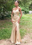 Sheath/Column V Neck Sleeveless Floor-Length Stretch Satin Bridesmaid Dresses with Pleated Split Madilyn STKP0025222