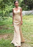 Sheath/Column V Neck Sleeveless Floor-Length Stretch Satin Bridesmaid Dresses with Pleated Split Madilyn STKP0025222