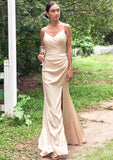 Sheath/Column V Neck Sleeveless Floor-Length Stretch Satin Bridesmaid Dresses with Pleated Split Madilyn STKP0025222