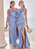 Sheath/Column Halter Sleeveless Floor-Length Stretch Satin Bridesmaid Dresses with Pleated Split Rylee STKP0025224