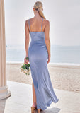 Sheath/Column Halter Sleeveless Floor-Length Stretch Satin Bridesmaid Dresses with Pleated Split Rylee STKP0025224