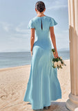 Sheath/Column V Neck Short Sleeve Floor-Length Stretch Satin Bridesmaid Dresses with Pleated Lacey STKP0025225