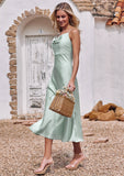 Sheath/Column Cowl Neck Sleeveless Tea-Length Stretch Satin Bridesmaid Dresses Kyla STKP0025226