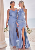 Sheath/Column V Neck Sleeveless Floor-Length Stretch Satin Bridesmaid Dresses with Pleated Split Katelyn STKP0025227