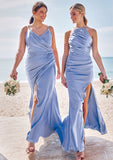 Sheath/Column V Neck Sleeveless Floor-Length Stretch Satin Bridesmaid Dresses with Pleated Split Katelyn STKP0025227