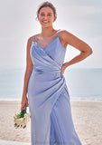 Sheath/Column V Neck Sleeveless Floor-Length Stretch Satin Bridesmaid Dresses with Pleated Split Katelyn STKP0025227