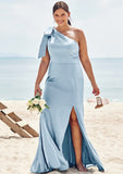 Trumpet/Mermaid One-Shoulder Sleeveless Floor-Length Stretch Satin Plus Size Bridesmaid Dresses with Bowknot - Plus Size Bridesmaid Dresseses Marissa STKP0025228