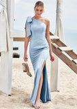 Trumpet/Mermaid One-Shoulder Sleeveless Floor-Length Stretch Satin Bridesmaid Dresses with Bowknot Allyson STKP0025229