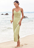 Sheath/Column V Neck Sleeveless Tea-Length Stretch Satin Bridesmaid Dresses with Pleated Split Sariah STKP0025233