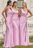 Trumpet/Mermaid One-Shoulder Sleeveless Floor-Length Jersey Bridesmaid Dresses with Pleated Side Draping Helena STKP0025234