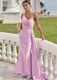 Trumpet/Mermaid One-Shoulder Sleeveless Floor-Length Jersey Bridesmaid Dresses with Pleated Side Draping Helena STKP0025234