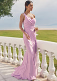 Trumpet/Mermaid One-Shoulder Sleeveless Floor-Length Jersey Bridesmaid Dresses with Pleated Side Draping Helena STKP0025234