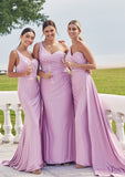 Trumpet/Mermaid One-Shoulder Sleeveless Floor-Length Jersey Bridesmaid Dresses with Pleated Side Draping Helena STKP0025234