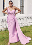 Trumpet/Mermaid One-Shoulder Sleeveless Floor-Length Jersey Plus Size Bridesmaid Dresses with Pleated Side Draping Pearl STKP0025235