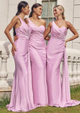 Trumpet/Mermaid One-Shoulder Sleeveless Floor-Length Jersey Plus Size Bridesmaid Dresses with Pleated Side Draping Pearl STKP0025235