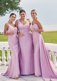 Trumpet/Mermaid One-Shoulder Sleeveless Floor-Length Jersey Plus Size Bridesmaid Dresses with Pleated Side Draping Pearl STKP0025235