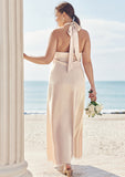 Sheath/Column Halter Sleeveless Ankle-Length Stretch Satin Plus Size Bridesmaid Dresses with Bowknot Kaylyn STKP0025237