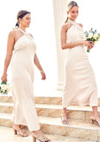 Sheath/Column Halter Sleeveless Ankle-Length Stretch Satin Plus Size Bridesmaid Dresses with Bowknot Kaylyn STKP0025237