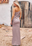 Sheath/Column One-Shoulder Sleeveless Floor-Length Stretch Satin Bridesmaid Dresses with Pleated Dixie STKP0025238