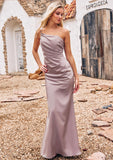 Sheath/Column One-Shoulder Sleeveless Floor-Length Stretch Satin Bridesmaid Dresses with Pleated Dixie STKP0025238