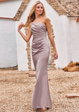 Sheath/Column One-Shoulder Sleeveless Floor-Length Stretch Satin Bridesmaid Dresses with Pleated Dixie STKP0025238