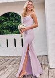 Sheath/Column Cowl Neck Sleeveless Floor-Length Stretch Satin Bridesmaid Dresses with Pleated Split Heidi STKP0025242