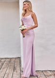 Sheath/Column Cowl Neck Sleeveless Floor-Length Stretch Satin Bridesmaid Dresses with Pleated Split Heidi STKP0025242