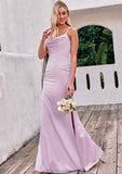 Sheath/Column Cowl Neck Sleeveless Floor-Length Stretch Satin Bridesmaid Dresses with Pleated Split Heidi STKP0025242