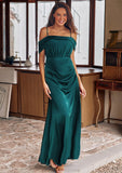 A-line Off-the-Shoulder Sleeveless Floor-Length Stretch Satin Bridesmaid Dresses with Pleated Aliyah STKP0025243