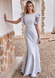 Trumpet/Mermaid Scoop Neck Short Sleeve Floor-Length Stretch Crepe Bridesmaid Dresses with Pleated Ruffles Raven STKP0025244