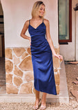 Sheath/Column V Neck Sleeveless Asymmetrical Stretch Satin Bridesmaid Dresses with Pleated Kathleen STKP0025245