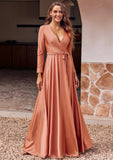 A-line V Neck Full/Long Sleeve Floor-Length Jersey Bridesmaid Dresses with Pleated Sashes Novia STKP0025246