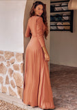 A-line V Neck Full/Long Sleeve Floor-Length Jersey Bridesmaid Dresses with Pleated Sashes Novia STKP0025246