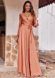 A-line V Neck Full/Long Sleeve Floor-Length Jersey Bridesmaid Dresses with Pleated Sashes Novia STKP0025246