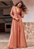 A-line V Neck Full/Long Sleeve Floor-Length Jersey Bridesmaid Dresses with Pleated Sashes Novia STKP0025246