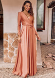 A-line V Neck Full/Long Sleeve Floor-Length Jersey Bridesmaid Dresses with Pleated Sashes Novia STKP0025246