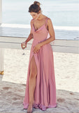 A-line V Neck Sleeveless Floor-Length Stretch Satin Bridesmaid Dresses with Split Madelyn STKP0025247