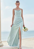 A-line Square Neckline Sleeveless Floor-Length Stretch Satin Bridesmaid Dresses with Split Anna STKP0025248