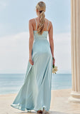 A-line Square Neckline Sleeveless Floor-Length Stretch Satin Bridesmaid Dresses with Split Anna STKP0025248