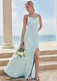 A-line Square Neckline Sleeveless Floor-Length Stretch Satin Bridesmaid Dresses with Split Anna STKP0025248