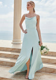 A-line Square Neckline Sleeveless Floor-Length Stretch Satin Bridesmaid Dresses with Split Anna STKP0025248