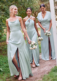 A-line Square Neckline Sleeveless Floor-Length Stretch Satin Bridesmaid Dresses with Split Anna STKP0025248