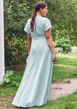 Empire V Neck Short Sleeve Floor-Length Stretch Satin Bridesmaid Dresses with Split Karla STKP0025249