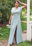 Empire V Neck Short Sleeve Floor-Length Stretch Satin Bridesmaid Dresses with Split Karla STKP0025249