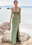 A-line Halter Sleeveless Floor-Length Stretch Satin Bridesmaid Dresses with Split Brielle STKP0025250