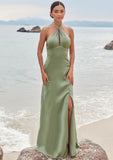 A-line Halter Sleeveless Floor-Length Stretch Satin Bridesmaid Dresses with Split Brielle STKP0025250