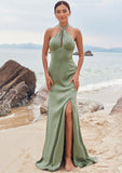 A-line Halter Sleeveless Floor-Length Stretch Satin Bridesmaid Dresses with Split Brielle STKP0025250